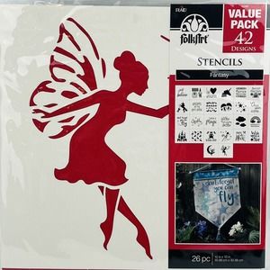 FolkArt Fantasy Stencils 26 Piece Value‎ Pack 42 Designs Unicorn Fairy Gnome